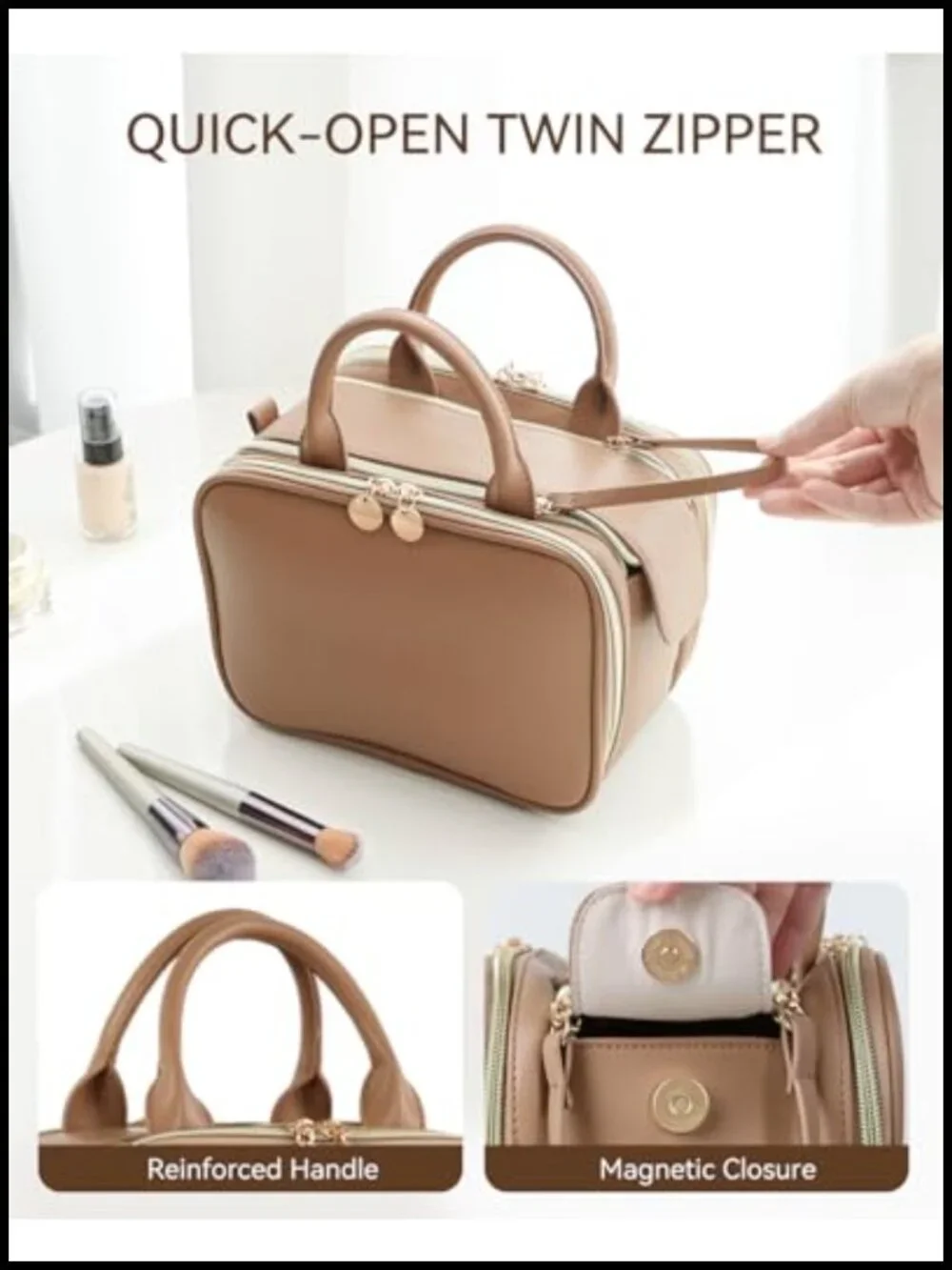 Large Capacity Waterproof Travel Cosmetic Toiletry Bag with Brush Holder